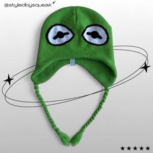 Jim Hensons The Muppets Kermit The Frog Y2K Vintage Green Knit Hat OS Disney